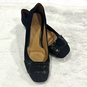 Black suede and patent Nurture flats. Size 7 1/2